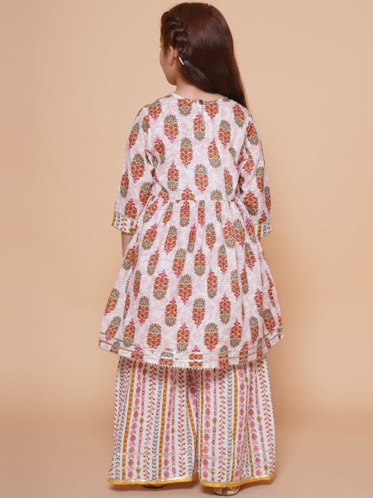 Girls Floral Printed Empire Mirror Work A-Line Kurti With Sharara