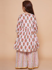 Girls Floral Printed Empire Mirror Work A-Line Kurti With Sharara
