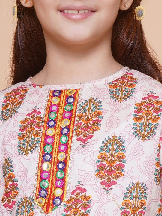 Girls Floral Printed Empire Mirror Work A-Line Kurti With Sharara
