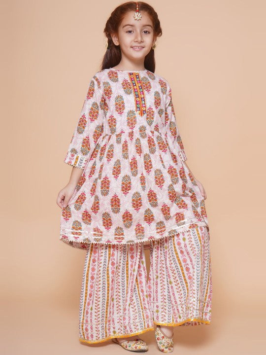 Girls Floral Printed Empire Mirror Work A-Line Kurti With Sharara-3