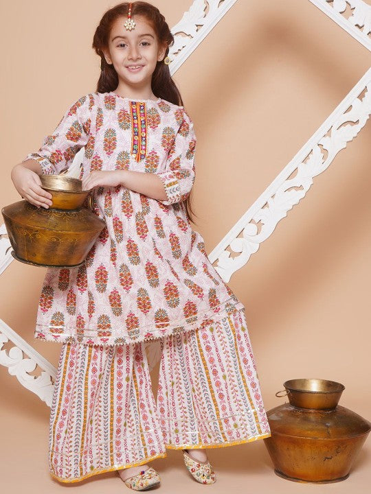 Girls Floral Printed Empire Mirror Work A-Line Kurti With Sharara-1