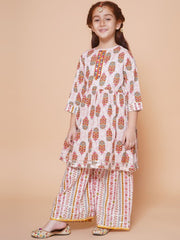 Girls Floral Printed Empire Mirror Work A-Line Kurti With Sharara