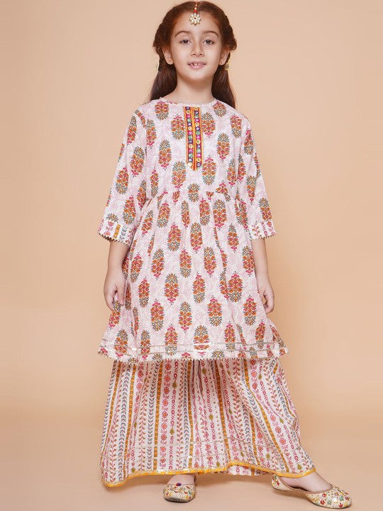 Girls Floral Printed Empire Mirror Work A-Line Kurti With Sharara