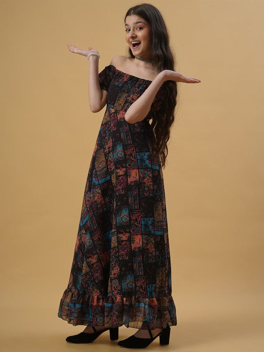 Girls Floral Printed Georgette Off-Shoulder Maxi Dress-1
