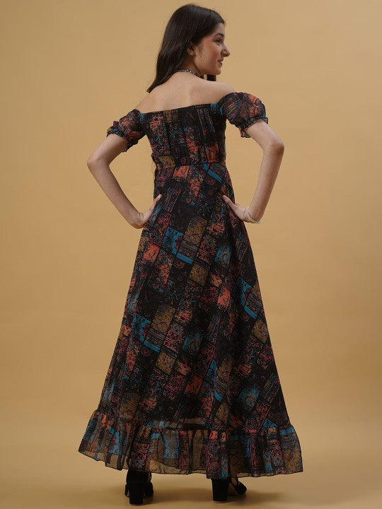 Girls Floral Printed Georgette Off-Shoulder Maxi Dress