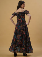 Girls Floral Printed Georgette Off-Shoulder Maxi Dress