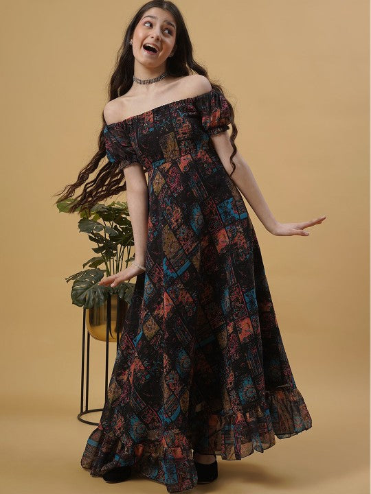 Girls Floral Printed Georgette Off-Shoulder Maxi Dress-3