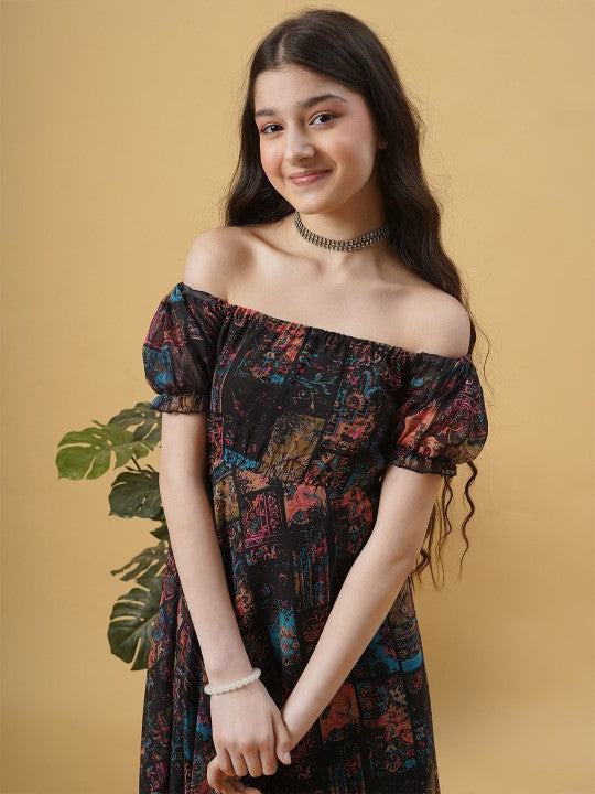 Girls Floral Printed Georgette Off-Shoulder Maxi Dress-4