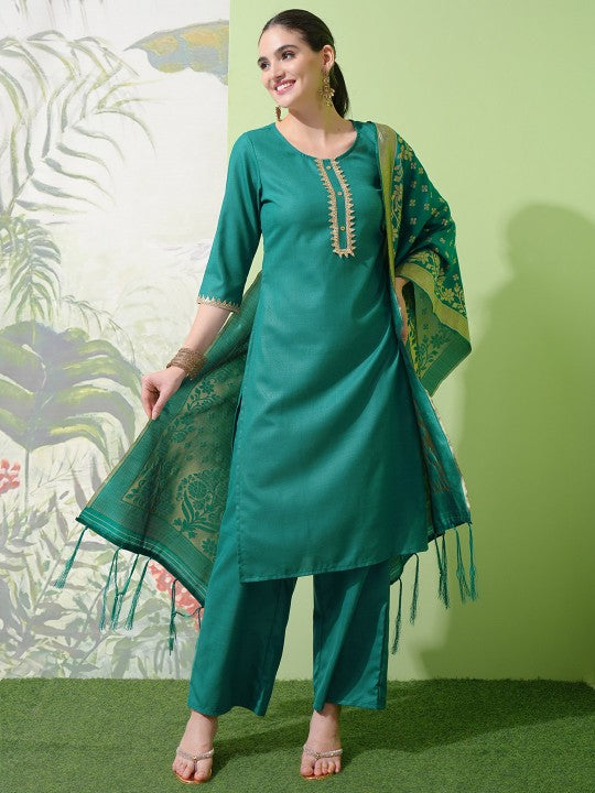 Black Round Neck Floral Regular Straight Kurta with Palazzos & With Dupatta