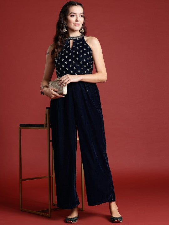 Halter Neck Printed Embroidered Culotte Jumpsuit with Belt