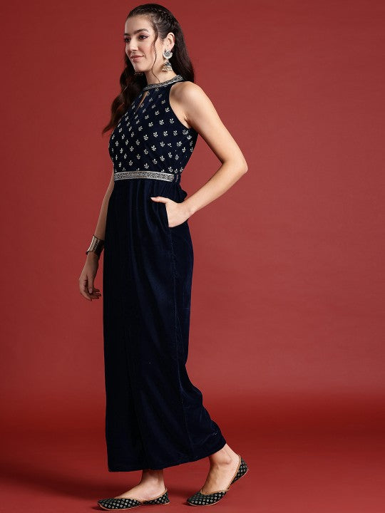 Halter Neck Printed Embroidered Culotte Jumpsuit with Belt-4