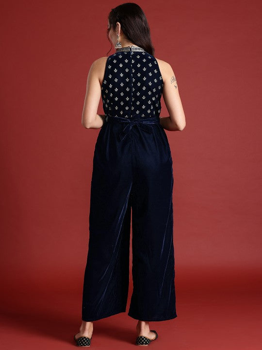 Halter Neck Printed Embroidered Culotte Jumpsuit with Belt-3