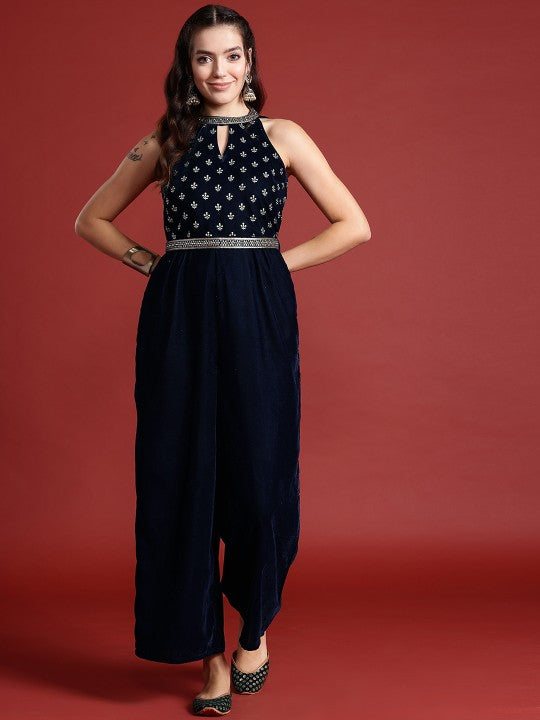 Halter Neck Printed Embroidered Culotte Jumpsuit with Belt-1