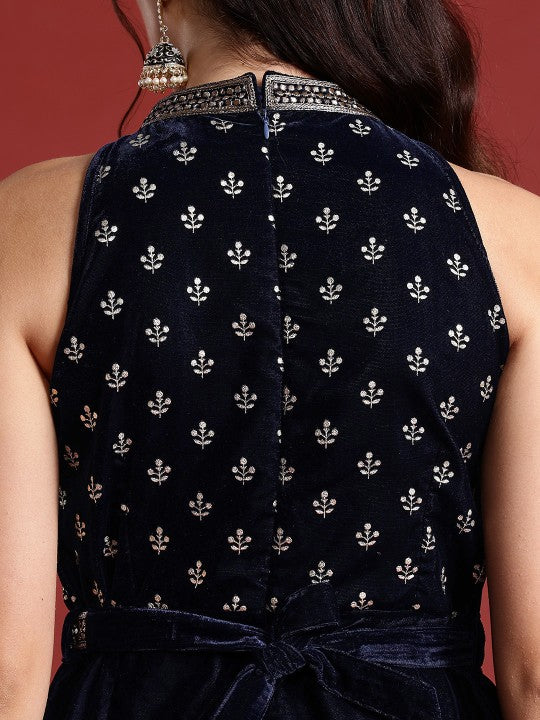 Halter Neck Printed Embroidered Culotte Jumpsuit with Belt