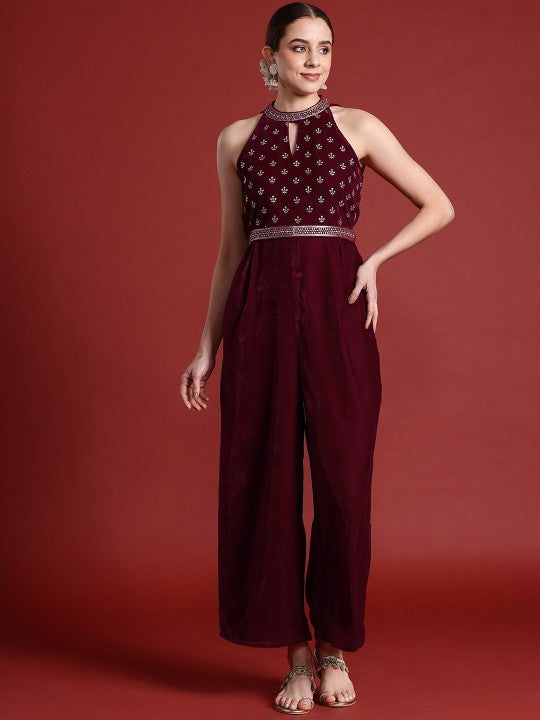 Halter Neck Printed Embroidered Culotte Jumpsuit with Belt