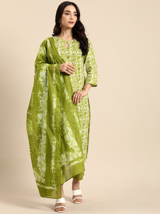 Printed Round Neck Three-Quarter Sleeves Cotton Kurta Set-10