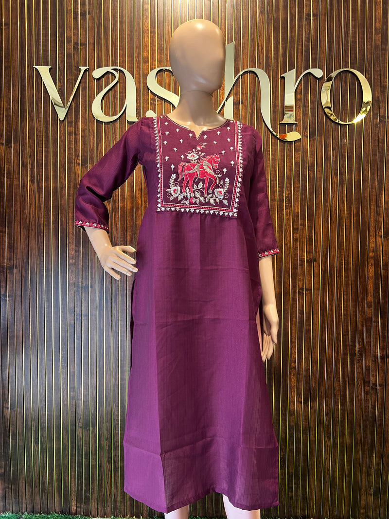 Plum Horse Embroidered Kurta-1