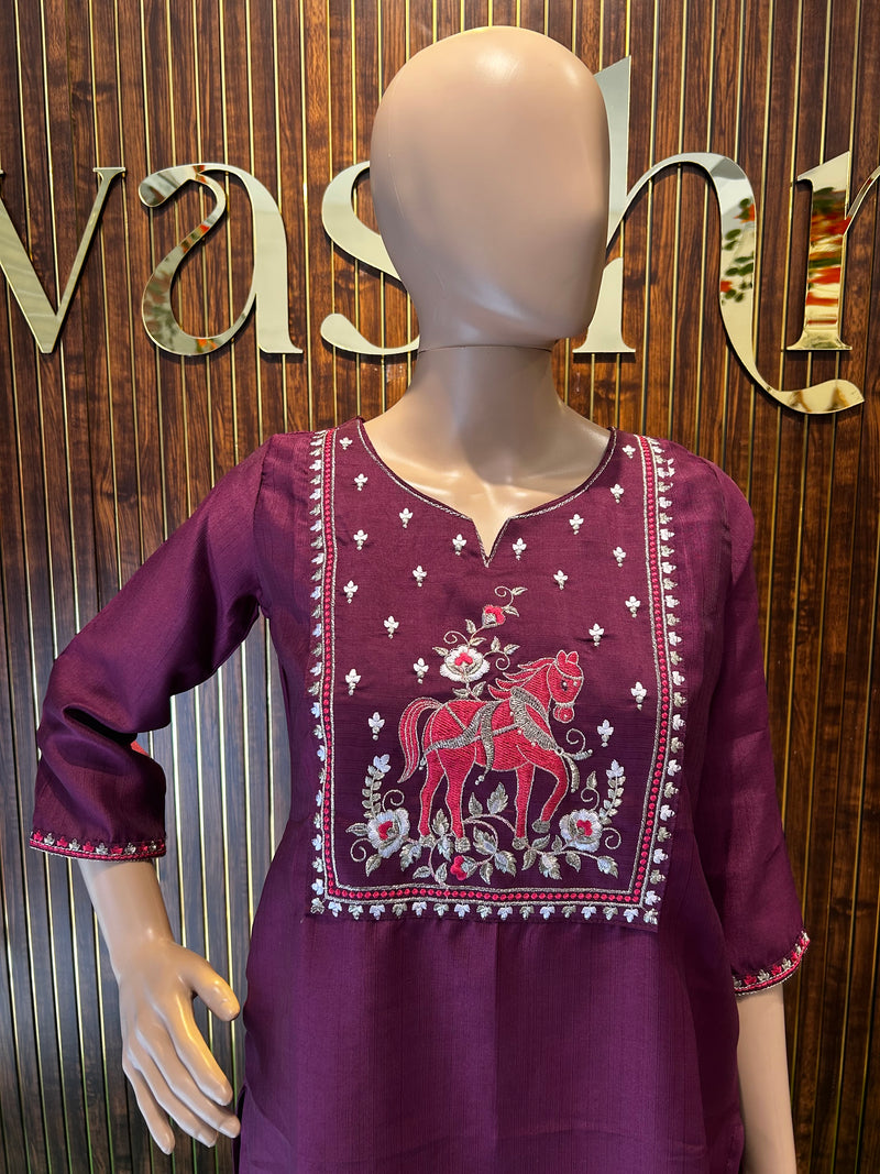 Plum Horse Embroidered Kurta-2