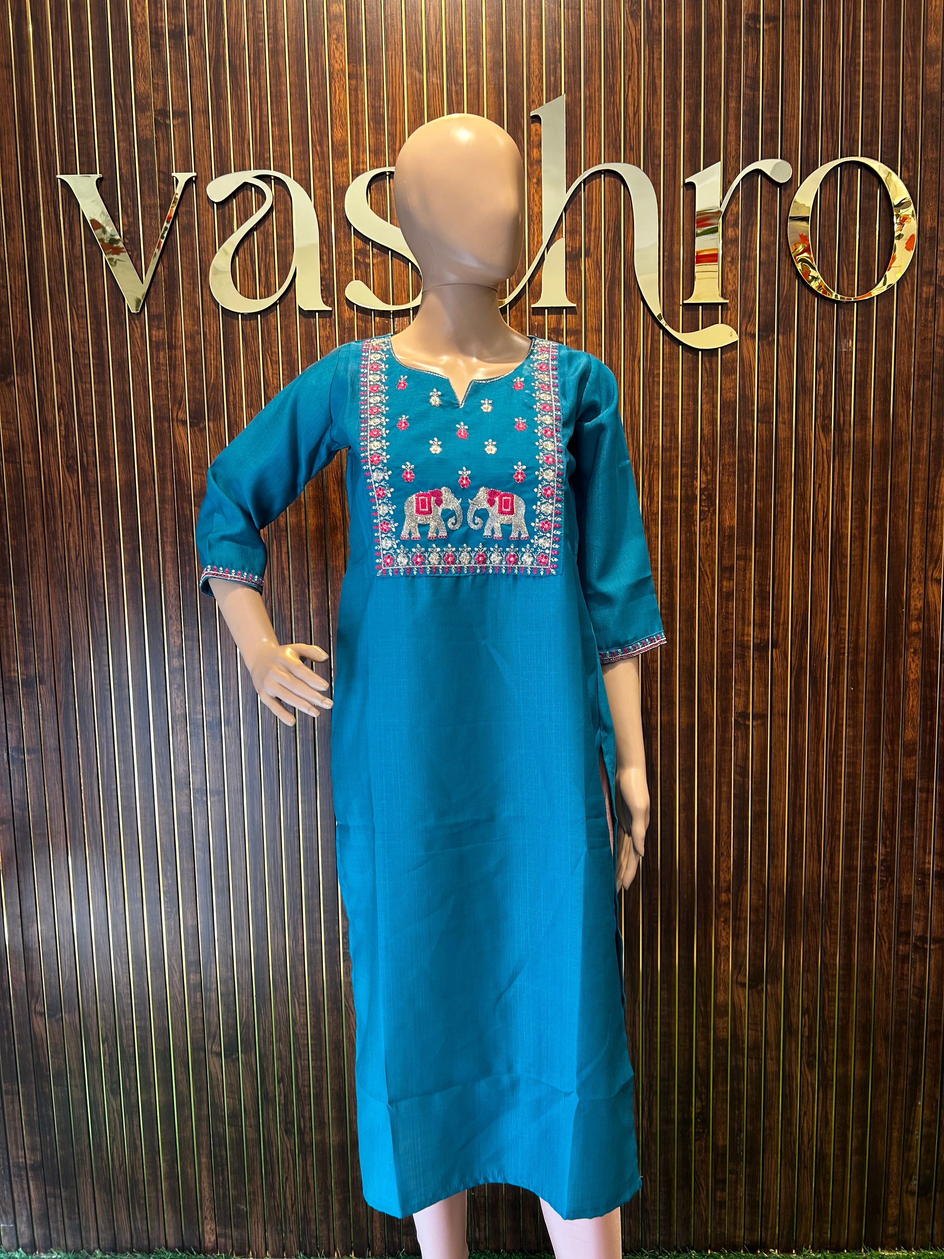 Teal Blue Elephant Embroidered Kurta