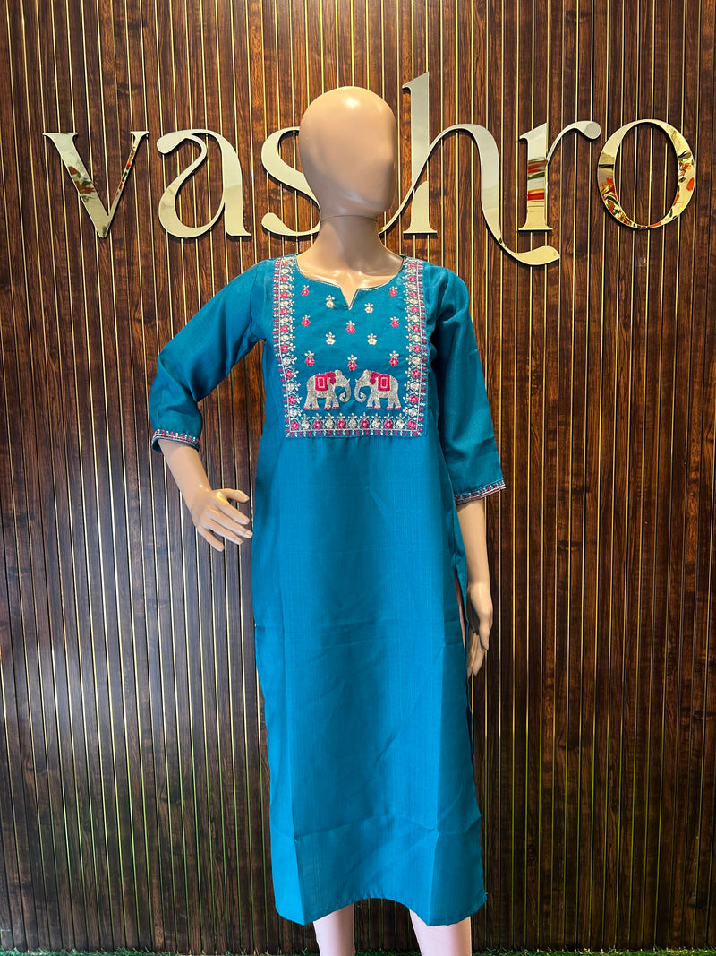 Teal Blue Elephant Embroidered Kurta-1