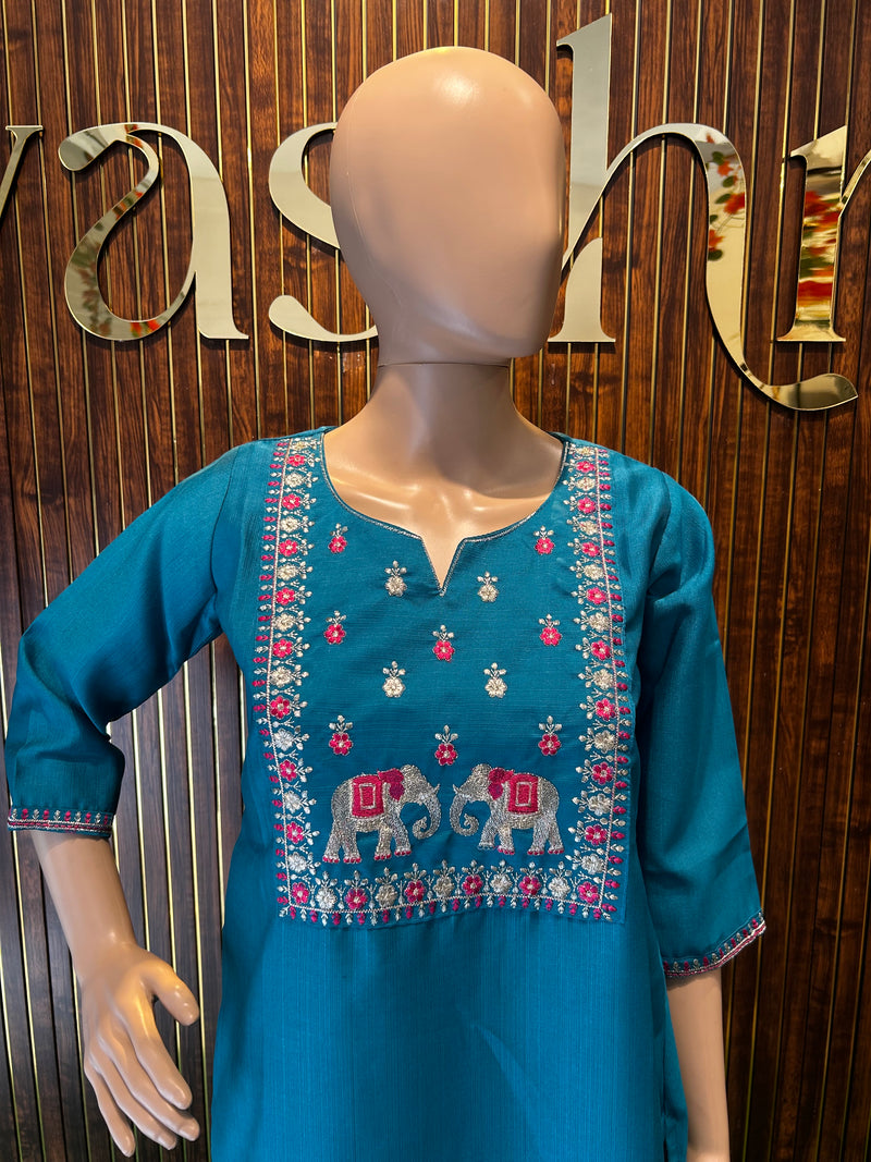 Teal Blue Elephant Embroidered Kurta-2