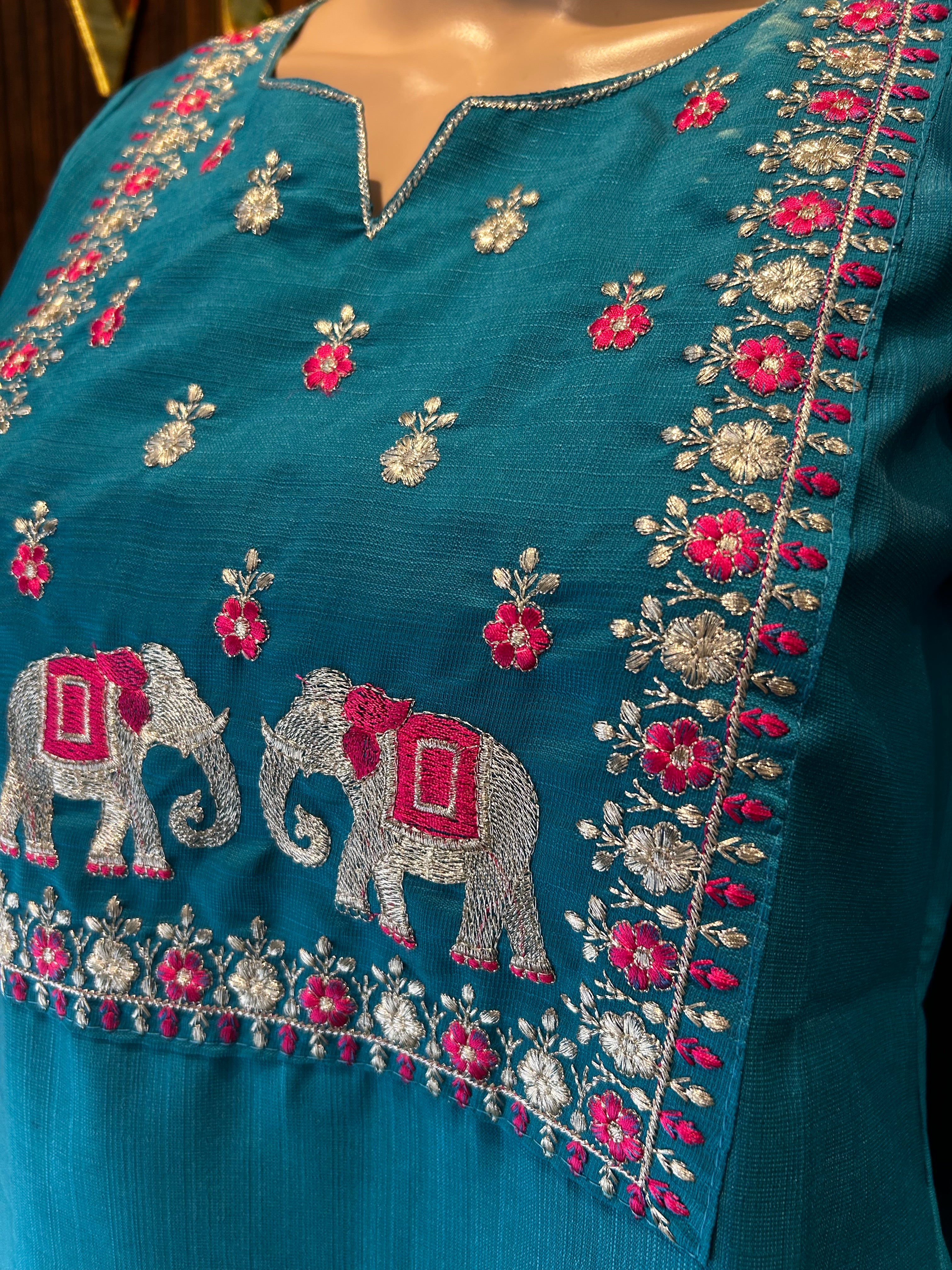 Teal Blue Elephant Embroidered Kurta