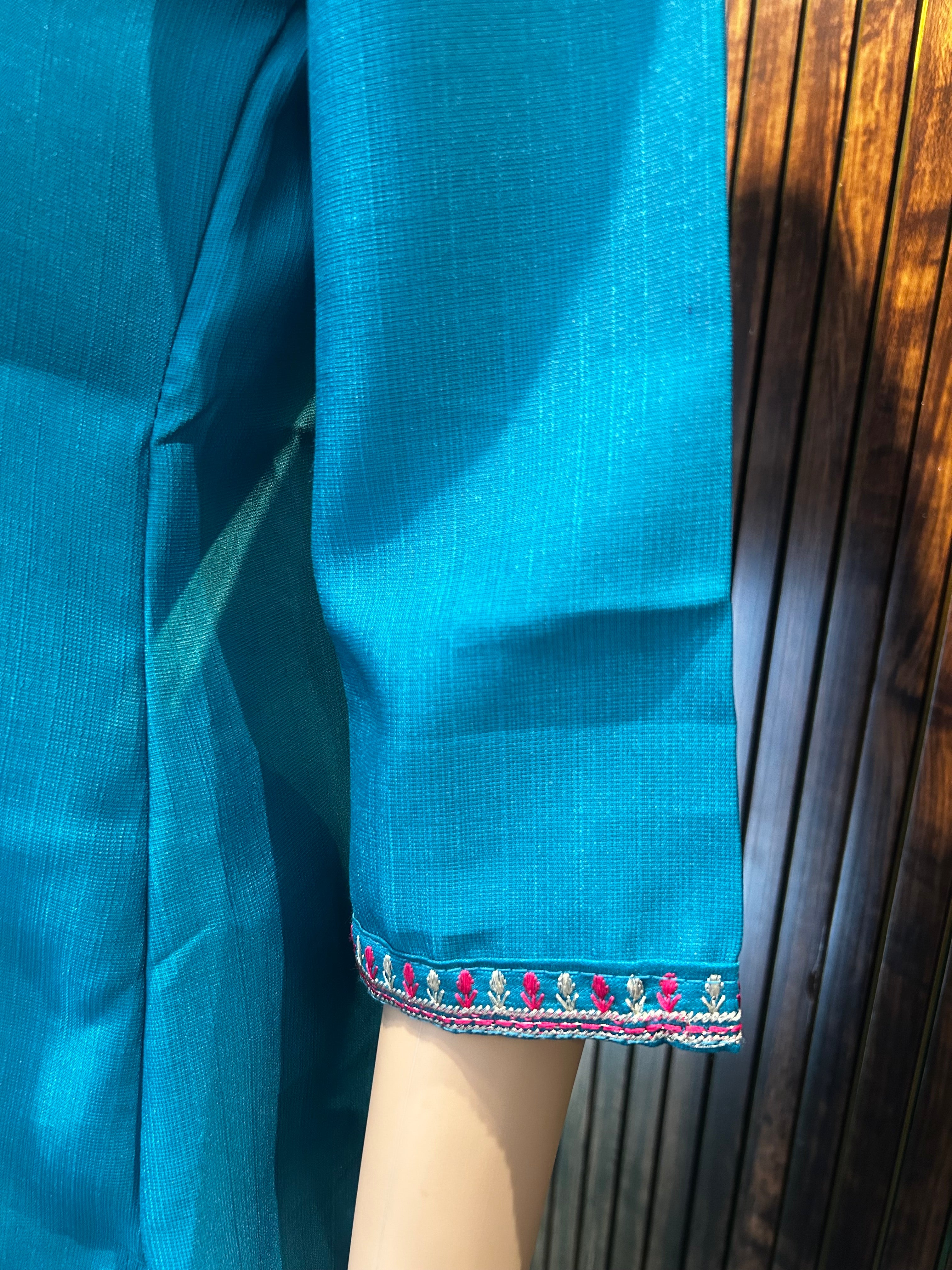 Teal Blue Elephant Embroidered Kurta