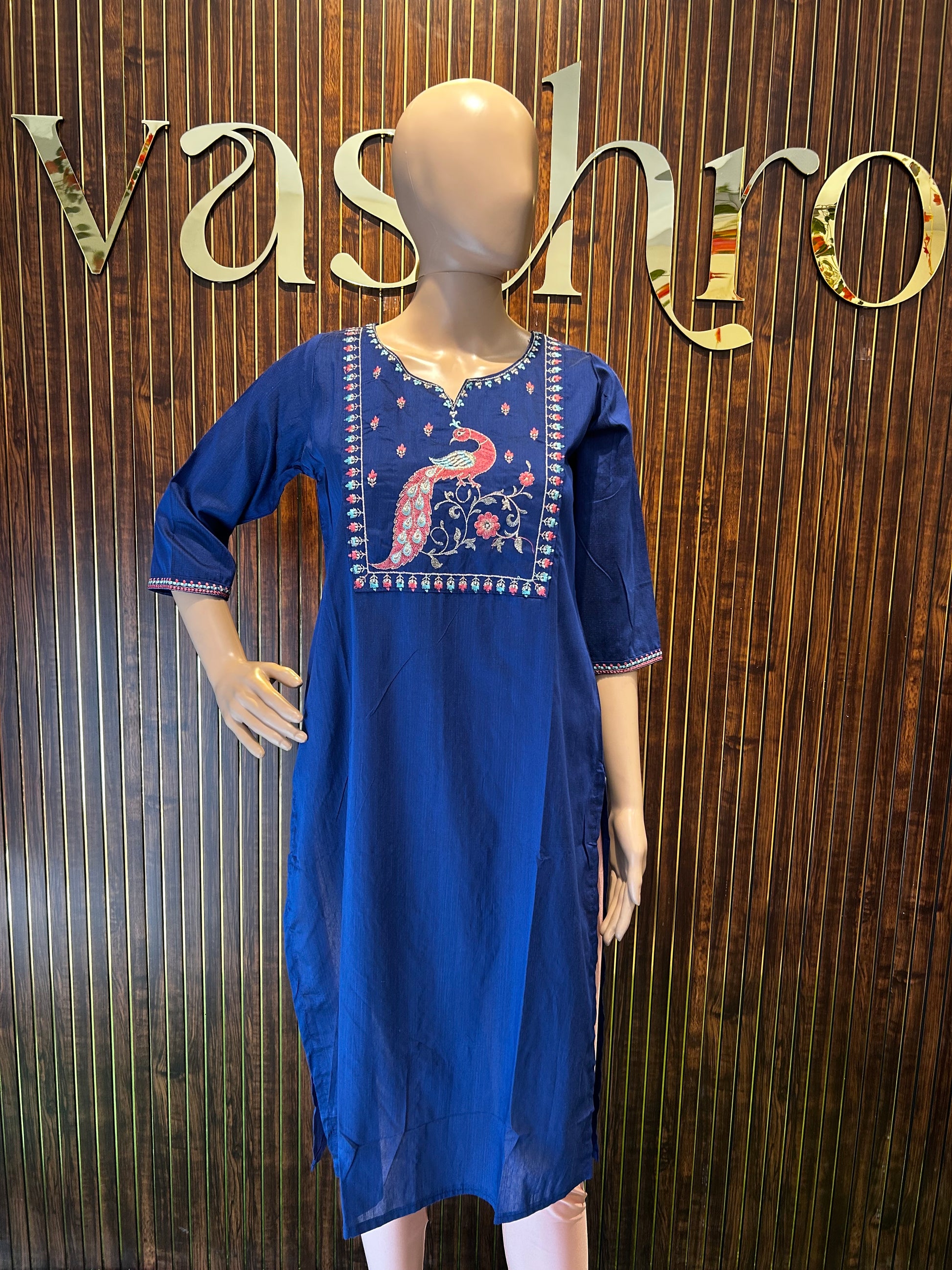 Royal Blue Peacock Embroidered Kurta-1