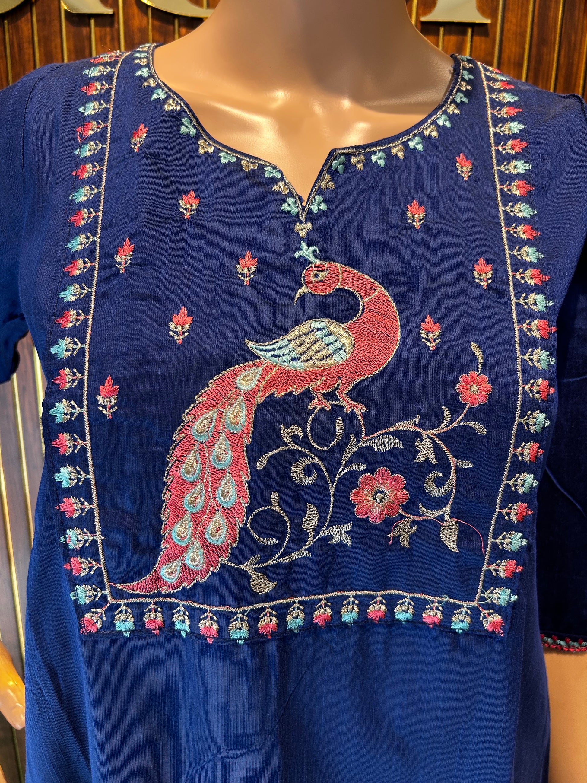 Royal Blue Peacock Embroidered Kurta-2