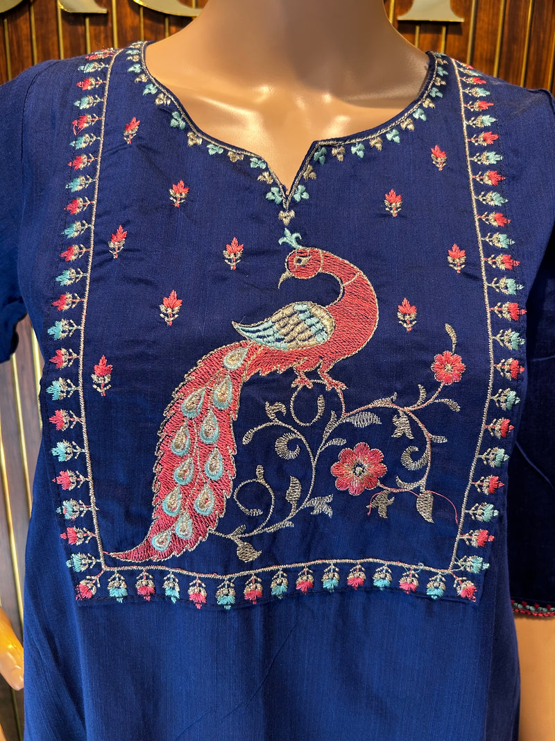 Royal Blue Peacock Embroidered Kurta-2