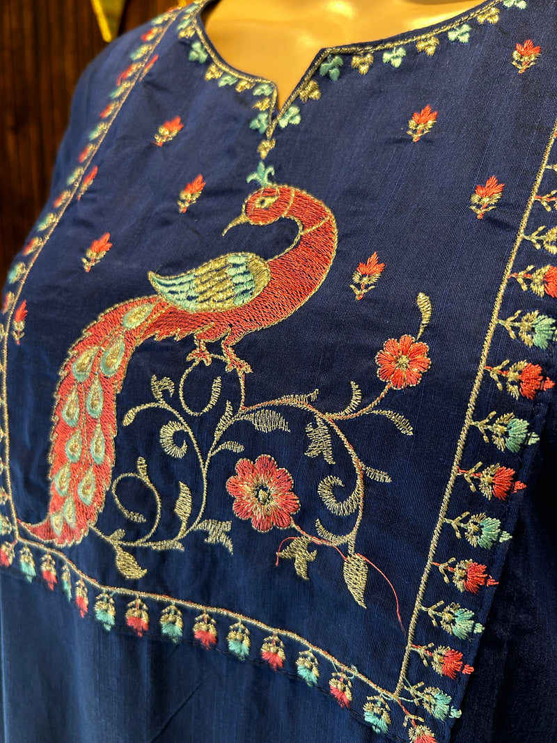 Royal Blue Peacock Embroidered Kurta-3