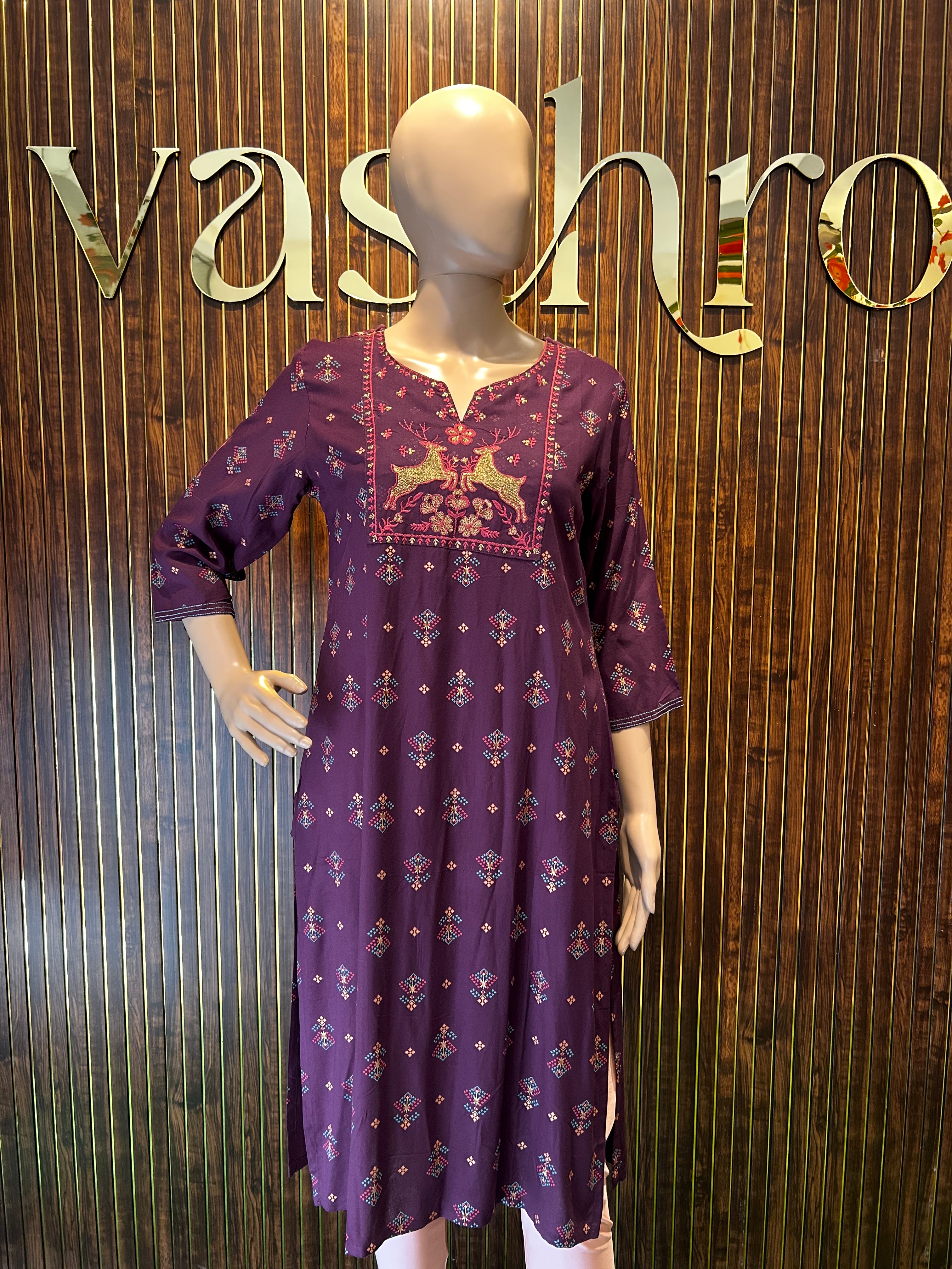 Purple Printed Kurta with Intricate Embroidery