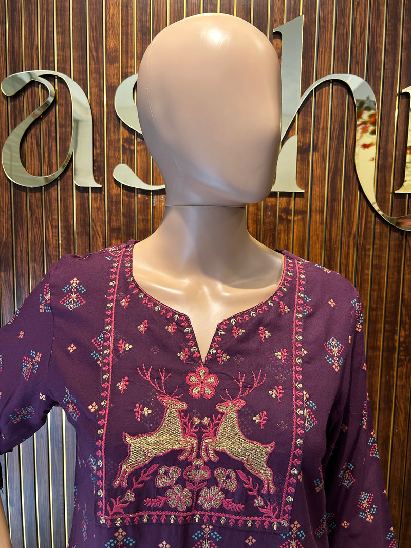 Purple Printed Kurta with Intricate Embroidery-2