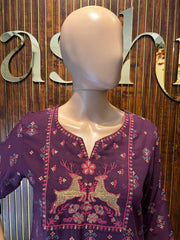 Purple Printed Kurta with Intricate Embroidery