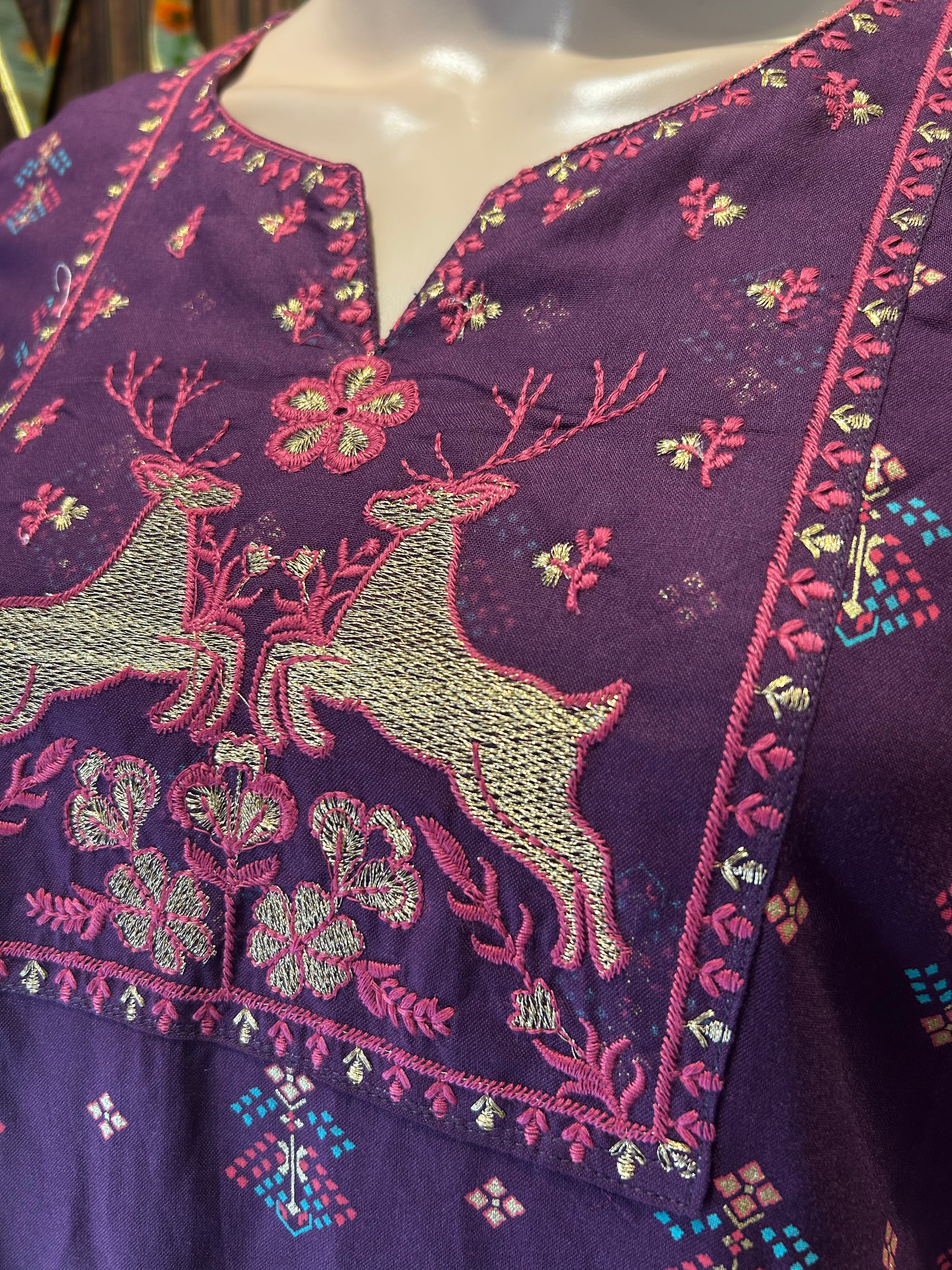 Purple Printed Kurta with Intricate Embroidery