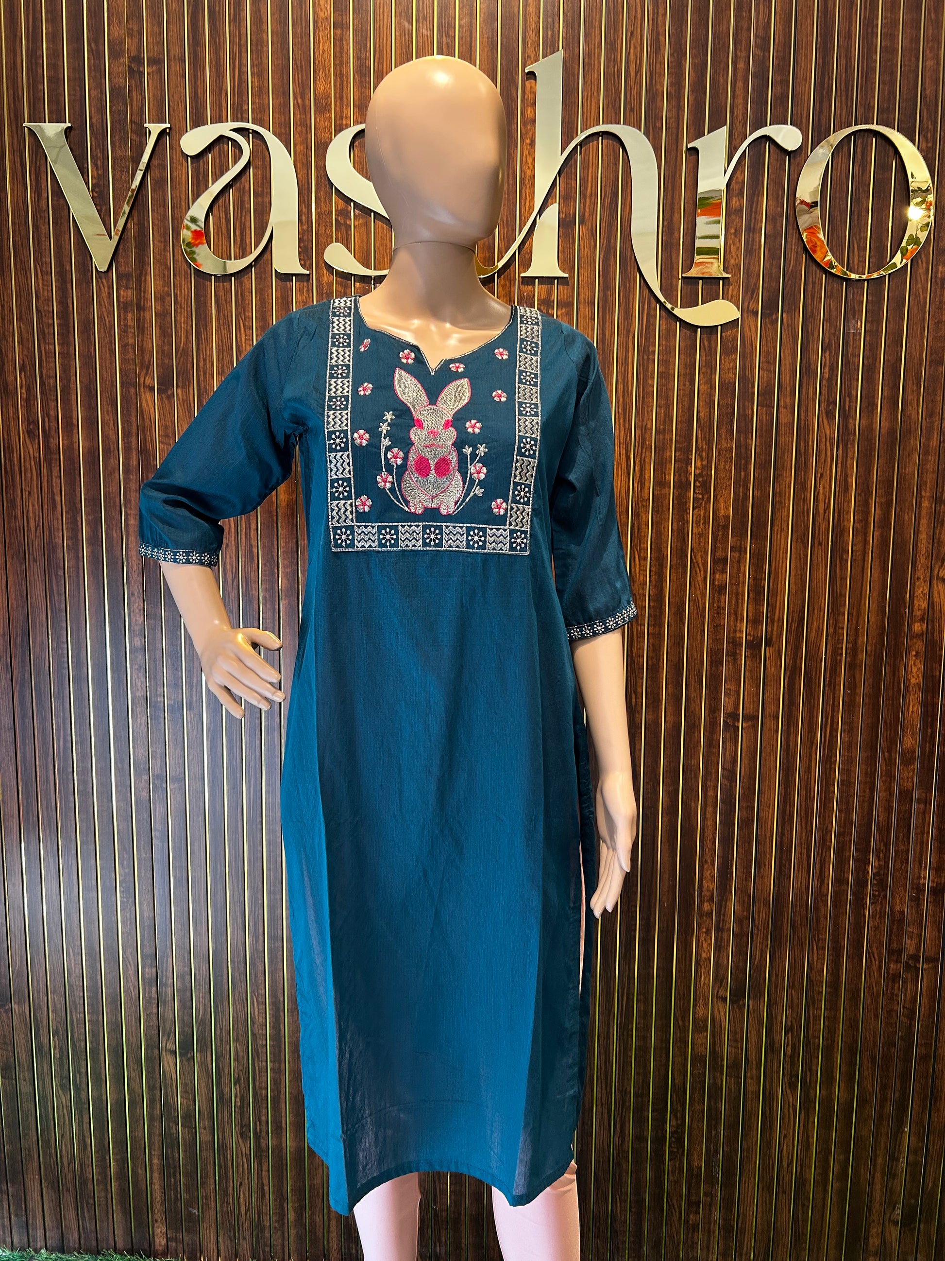 Teal Blue Cotton Kurta with Rabbit & Floral Embroidery-1