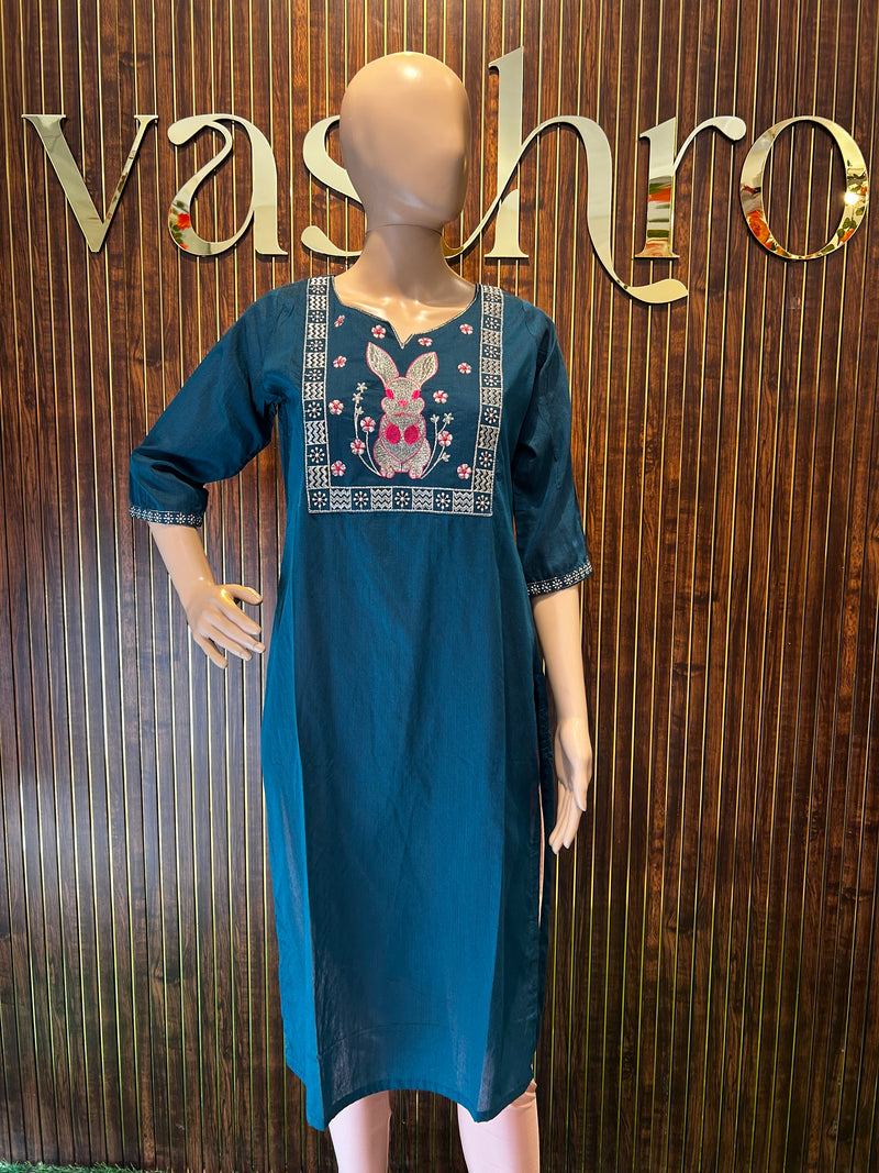 Teal Blue Cotton Kurta with Rabbit & Floral Embroidery-1