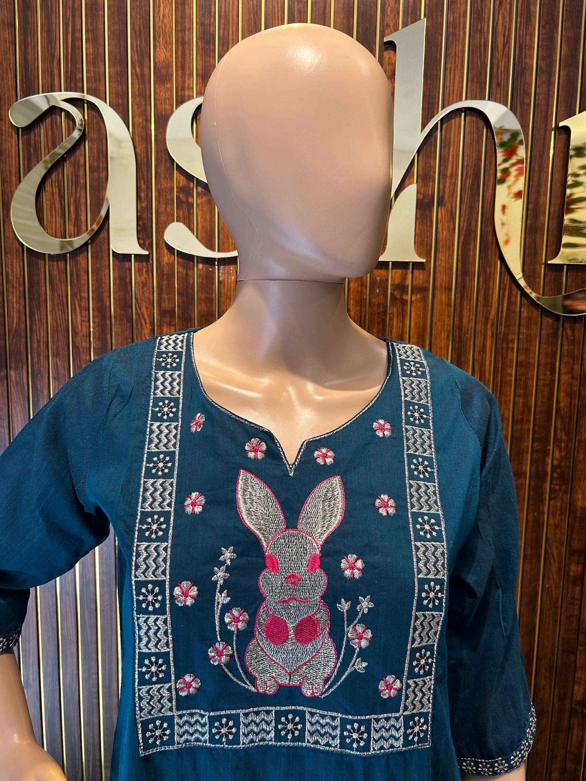 Teal Blue Cotton Kurta with Rabbit & Floral Embroidery-2