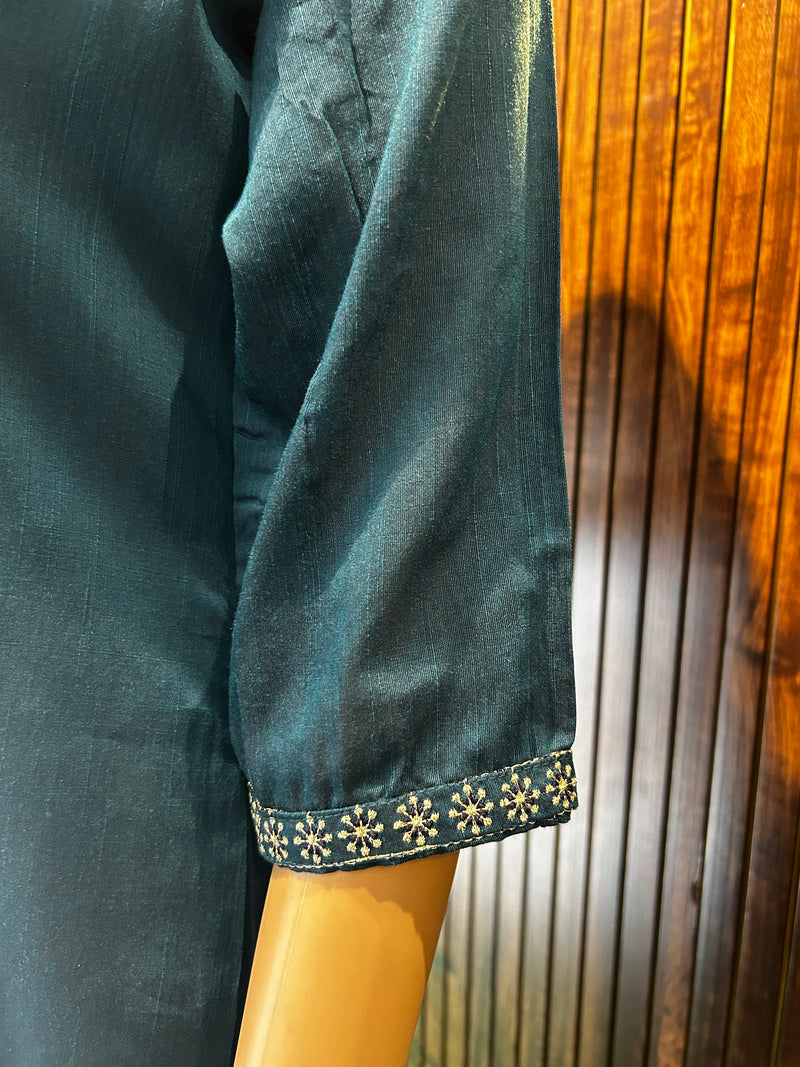 Teal Blue Cotton Kurta with Rabbit & Floral Embroidery-3