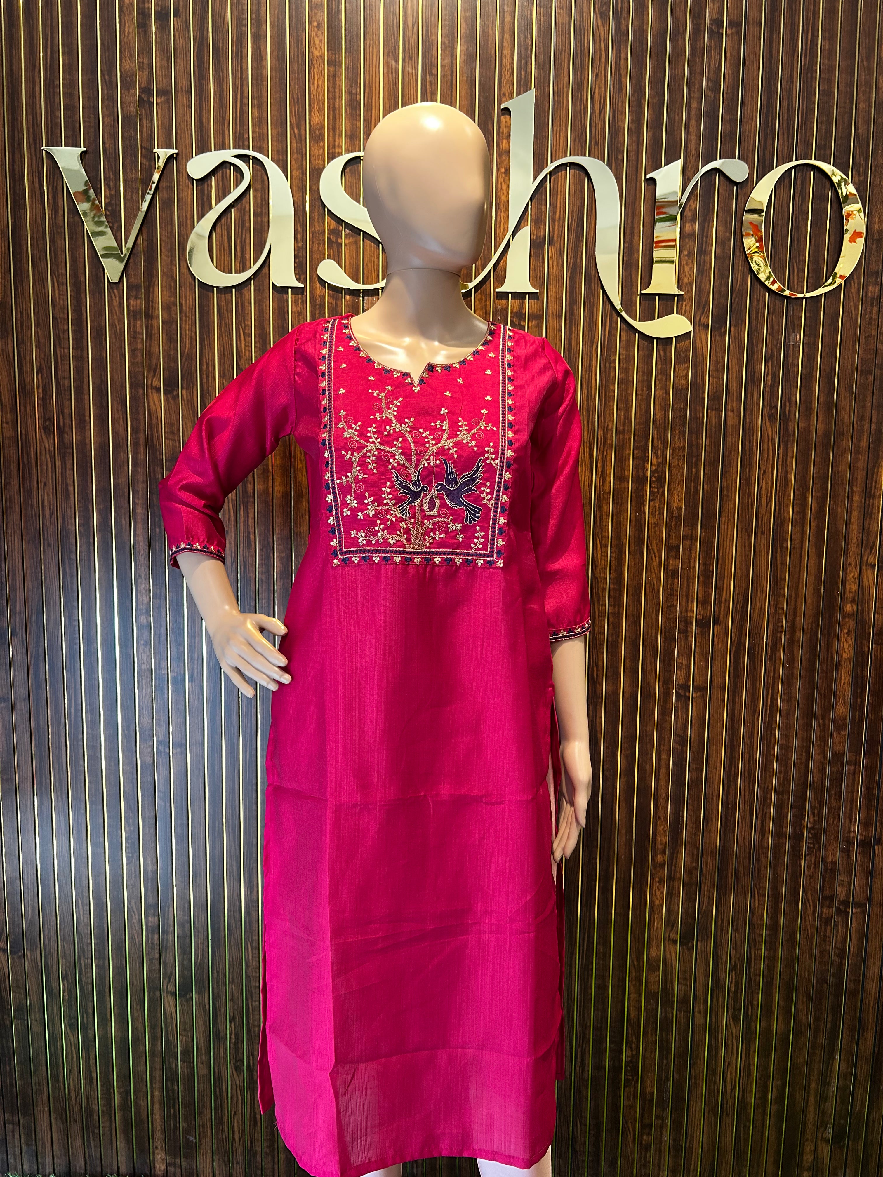Magenta Straight Kurta with Floral Yoke Embroidery