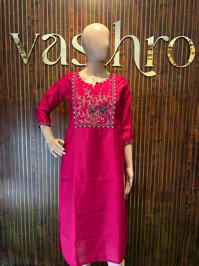 Magenta Straight Kurta with Floral Yoke Embroidery-1
