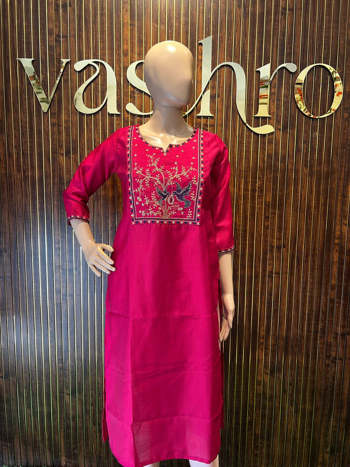 Magenta Straight Kurta with Floral Yoke Embroidery