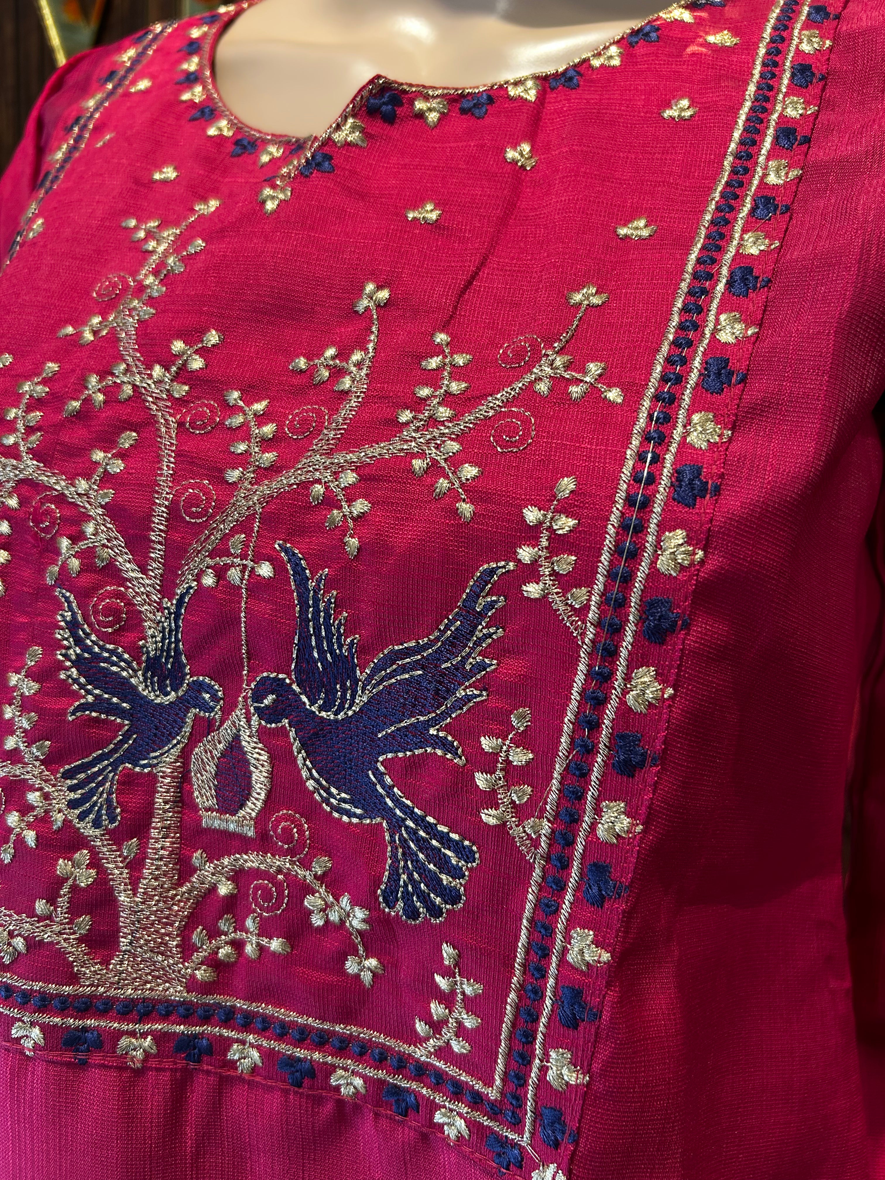 Magenta Straight Kurta with Floral Yoke Embroidery