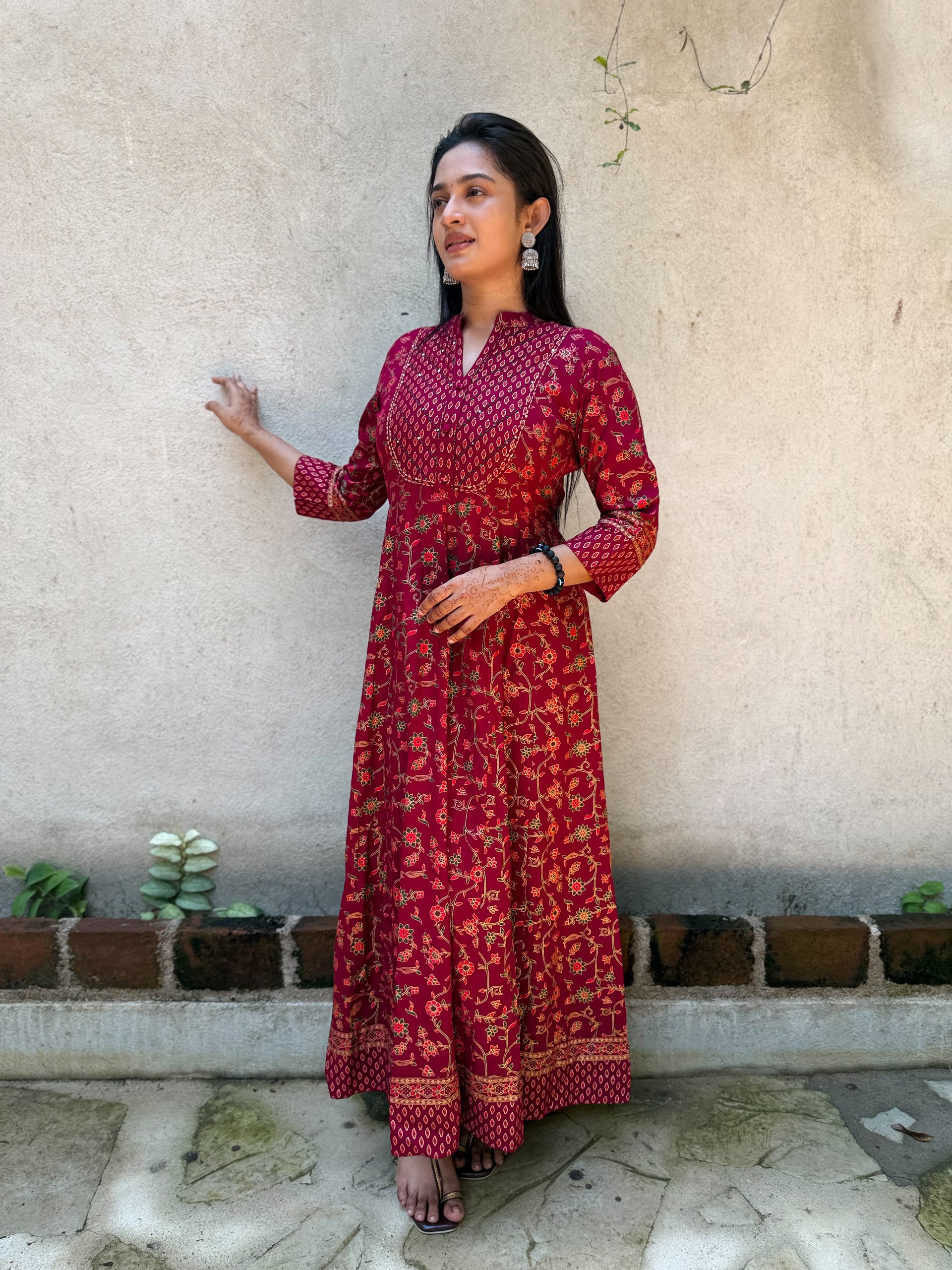 Maroon Floral Print Anarkali Maxi Dress with Embroidered Yoke