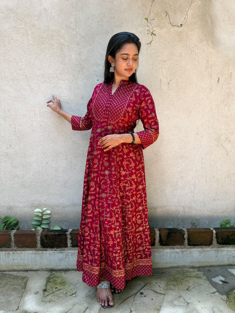 Maroon Floral Print Anarkali Maxi Dress with Embroidered Yoke-2