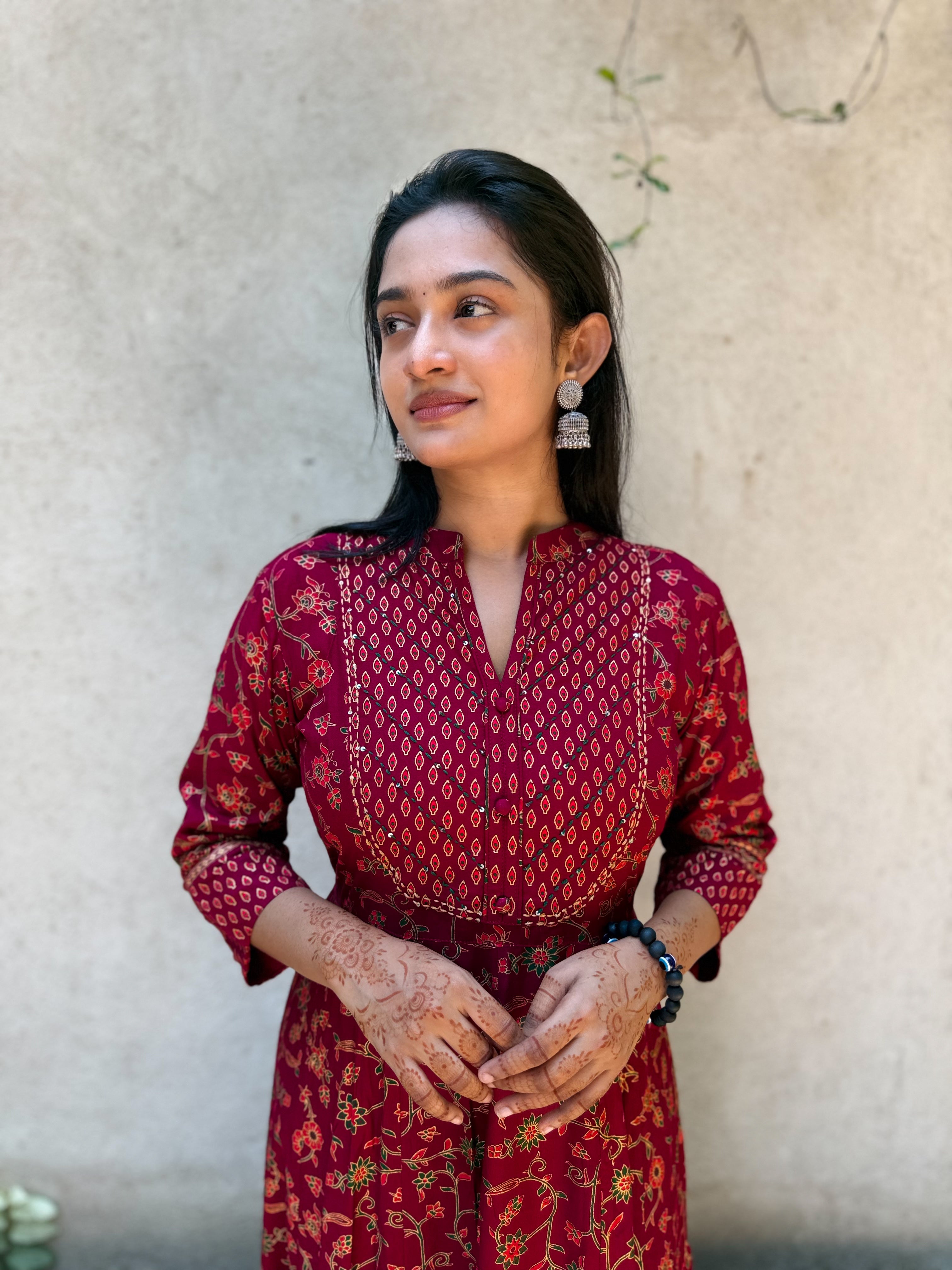 Maroon Floral Print Anarkali Maxi Dress with Embroidered Yoke