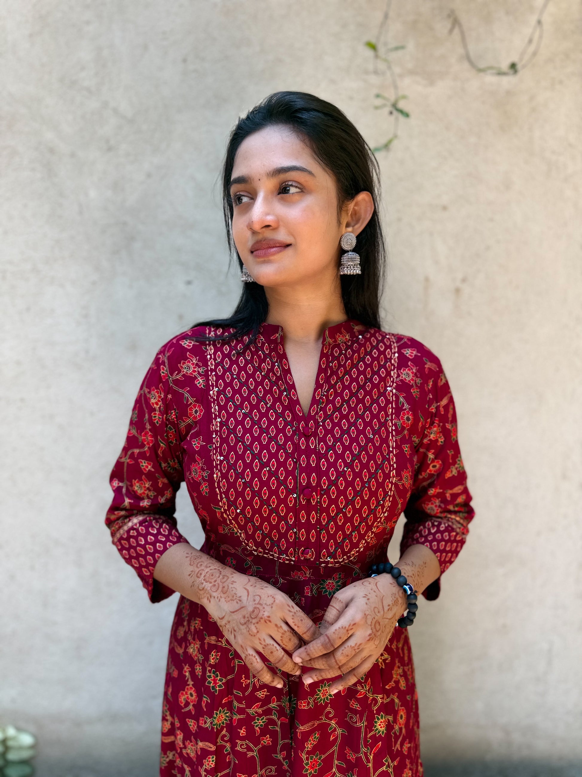 Maroon Floral Print Anarkali Maxi Dress with Embroidered Yoke-3