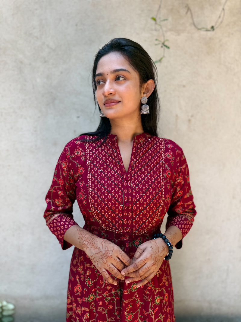 Maroon Floral Print Anarkali Maxi Dress with Embroidered Yoke-3