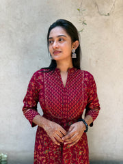 Maroon Floral Print Anarkali Maxi Dress with Embroidered Yoke