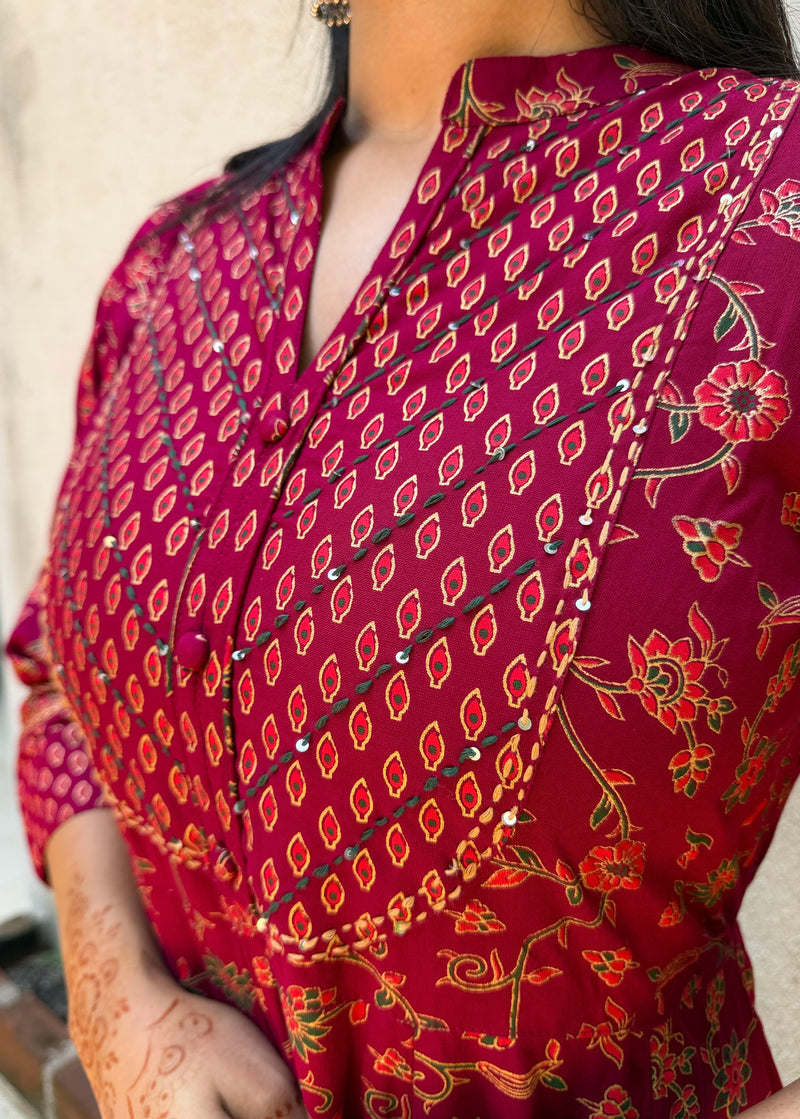 Maroon Floral Print Anarkali Maxi Dress with Embroidered Yoke-6